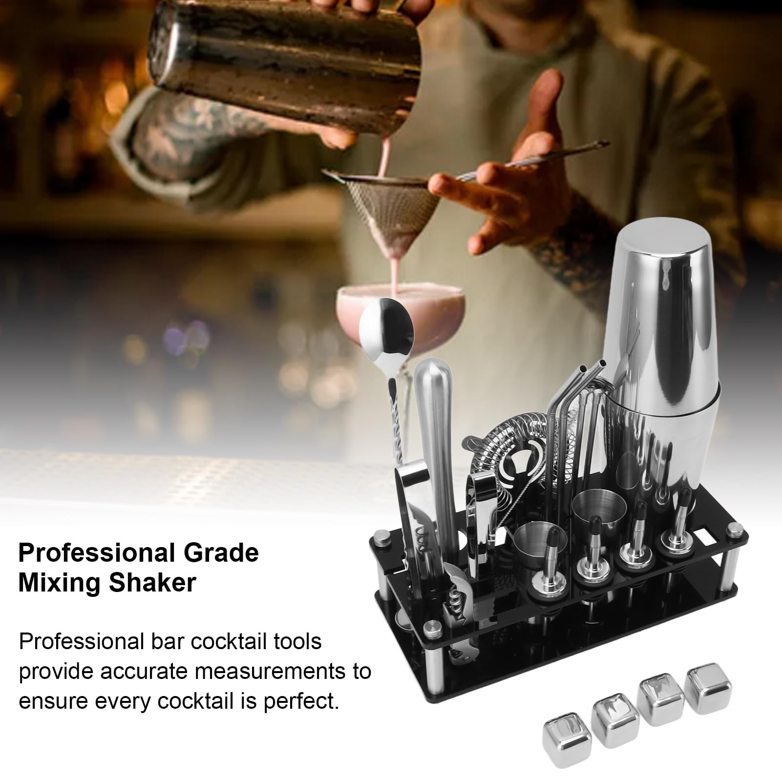 FLEXMAN Juego de Coctelera de 23 Piezas, Kit Profesional de Barman de Acero Inoxidable con Soporte Acrílico, Juego de Cóctel Multifuncional para el Hogar, Bar, Fiesta