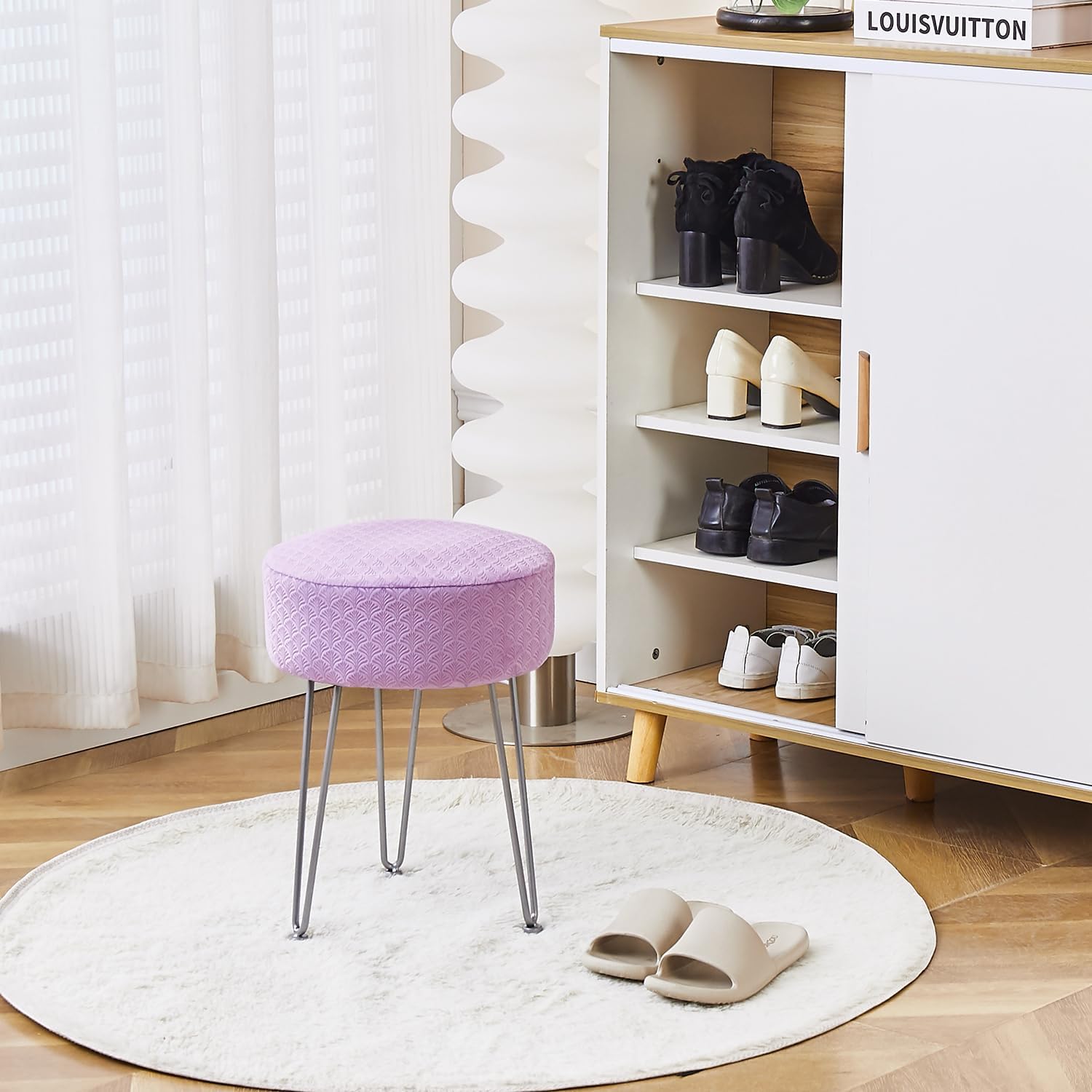 Cpintltr Vanity Stool - Velvet Ottoman Bench, Round Modern Dressing Stool, Small Side Table Footstool with Metal Leg, Purple