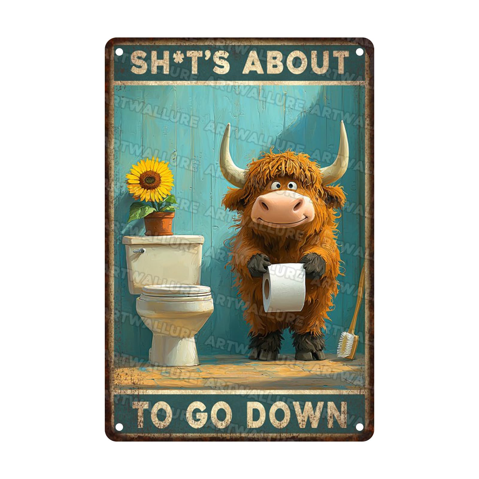 Funny Highland Cattle Bathroom Wall Decor for Highland Cattle Lover Sign Vintage Metal Tin Sign for Home Room Farm Bathroom Toilet Restroom Wall Decorations Poster 8x12inch
