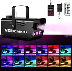 Donner Máquina de neblina DFM-500 500W com luzes LED RGB controláveis, máquina de fumaça DJ com controle remoto sem fio e fio, 13 cores, para festas de Natal de Dia das Bruxas, com Fuse Protect