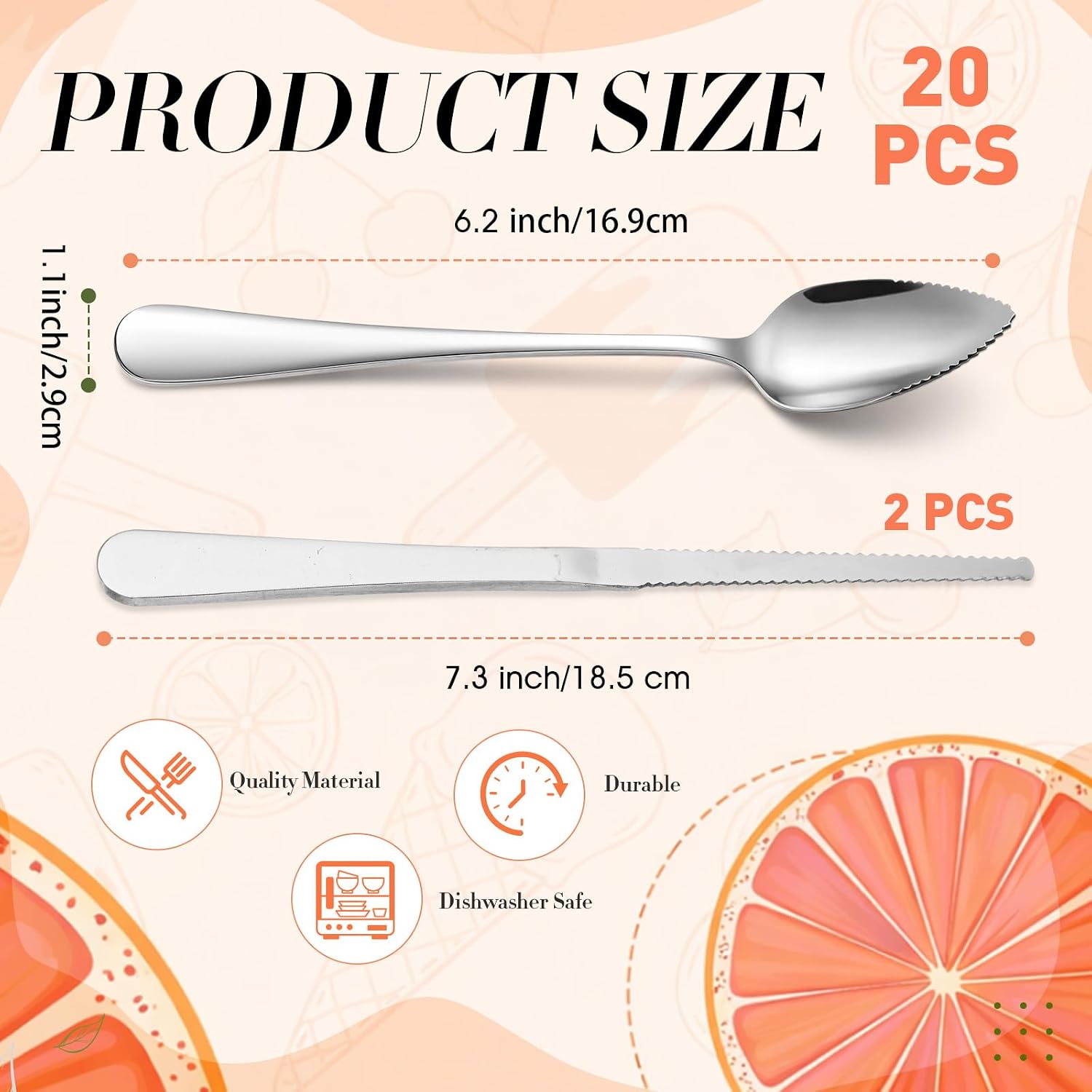 20 Pcs Grapefruit Spoons Bulk and 2 Grapefruit Knifes, Serrated Edge & Thick Gauge Handle, 18/8 Stainless Steel Silver Citrus Utensil Set for Kiwi Apple Dessert Salad Citrus Fruits