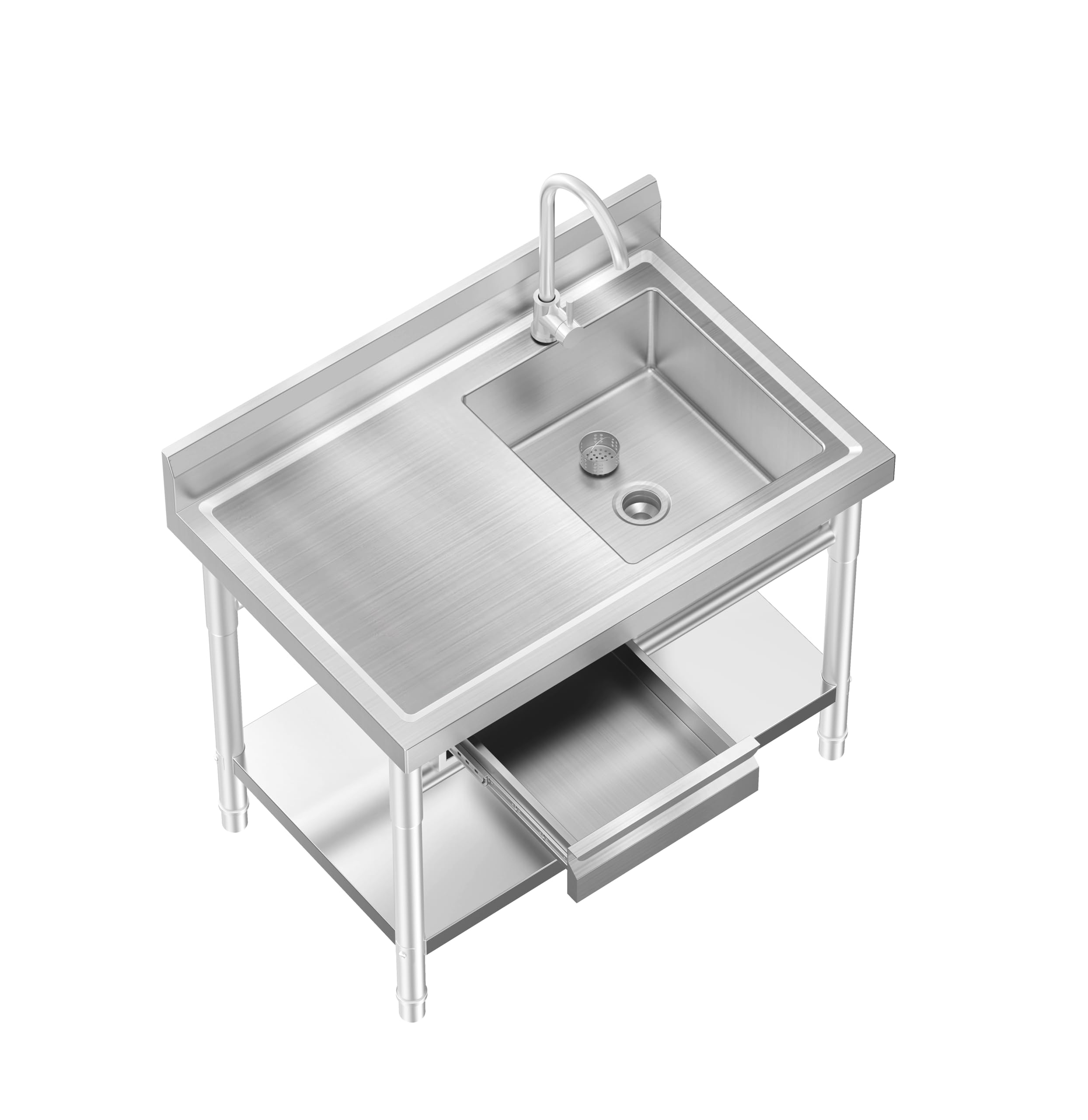 Spültisch edelstahl freistehend mit Schublade – Profi Spülbecken mit Arbeitsfläche, 360° Wasserhahn, Ablage & Unterschrank, Gastro Spüle für Küche, Gastronomie, Garten & Waschküche