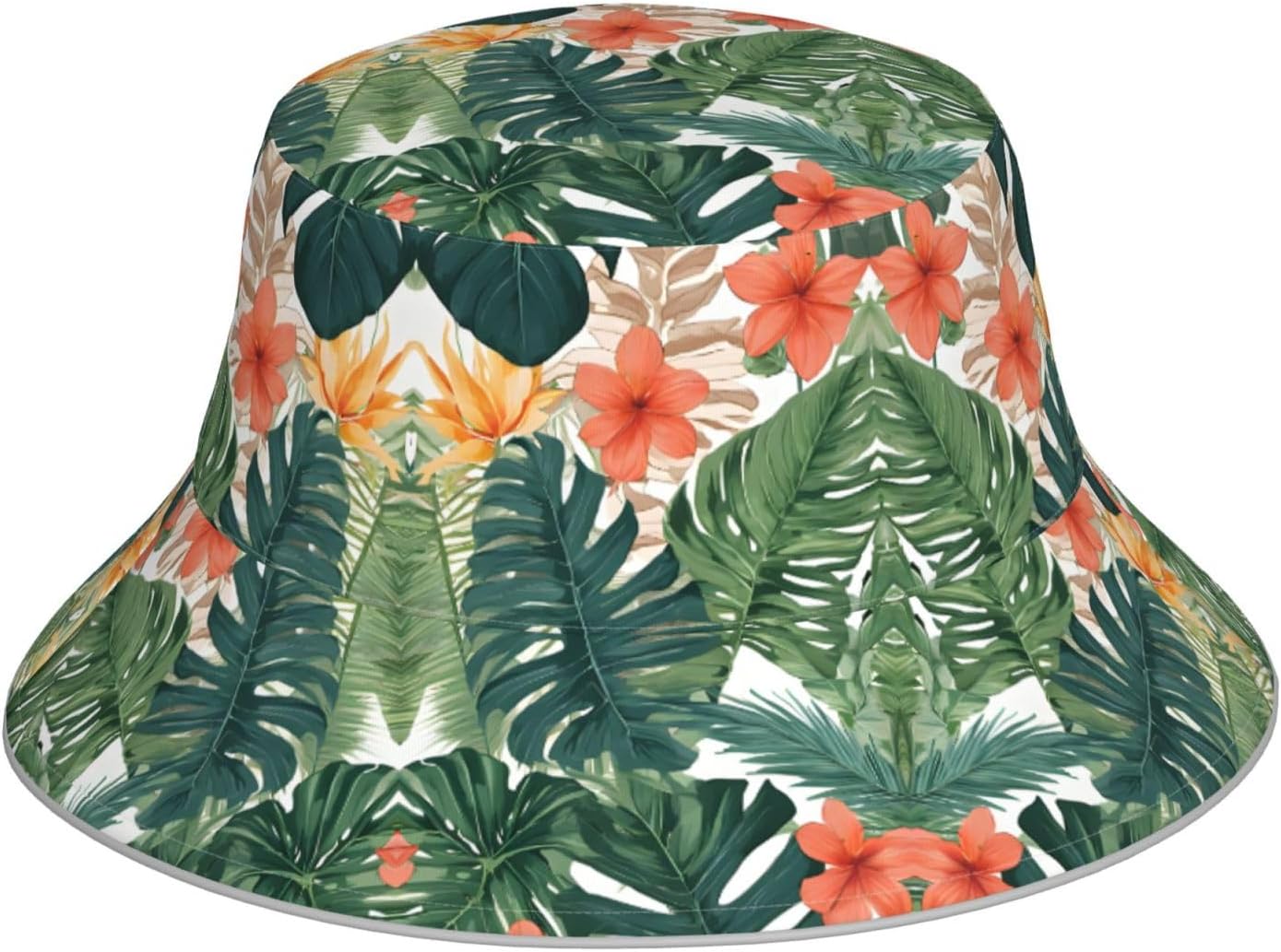 (Tropical Summer Hawaiian Flower Palm Leaves) Reflective Reversible Bucket Hat Foldable Breathable Stylish Two-Way Wear for Outdoor Travel Daily Activities Black