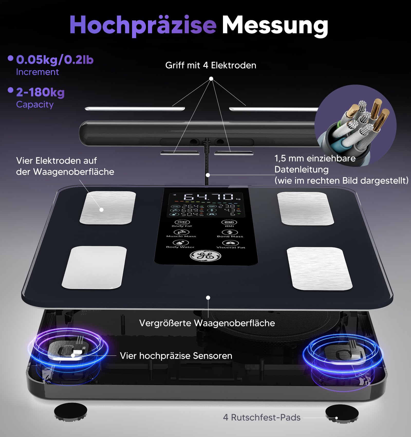 GE Báscula Impedancímetro 8 Electrodos, Inteligente Bascula Grasa Corporal y Muscular IMC 27 Medidas Diferentes Báscula de Bioimpedancia de Alta Precisión 180 kg