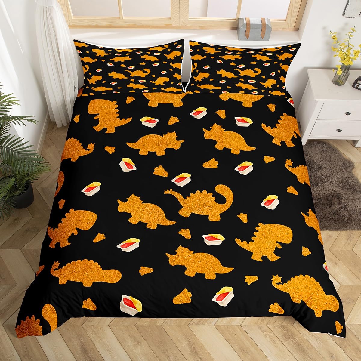 HomewishCaroon Chicken Nugget Comforter Cover Single, Dino Nugget Gifts Duvet Cover for Boys Kids Funny Food Ketchup Sauce Bedding Sets Cartoon Food Style Bed Cover, Black and Orange