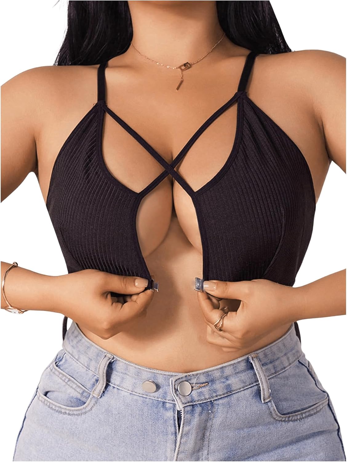 Women's Plus Size Criss Cross Front Closure Bra Cut Out Ribbed Knit Wireless Bralettes