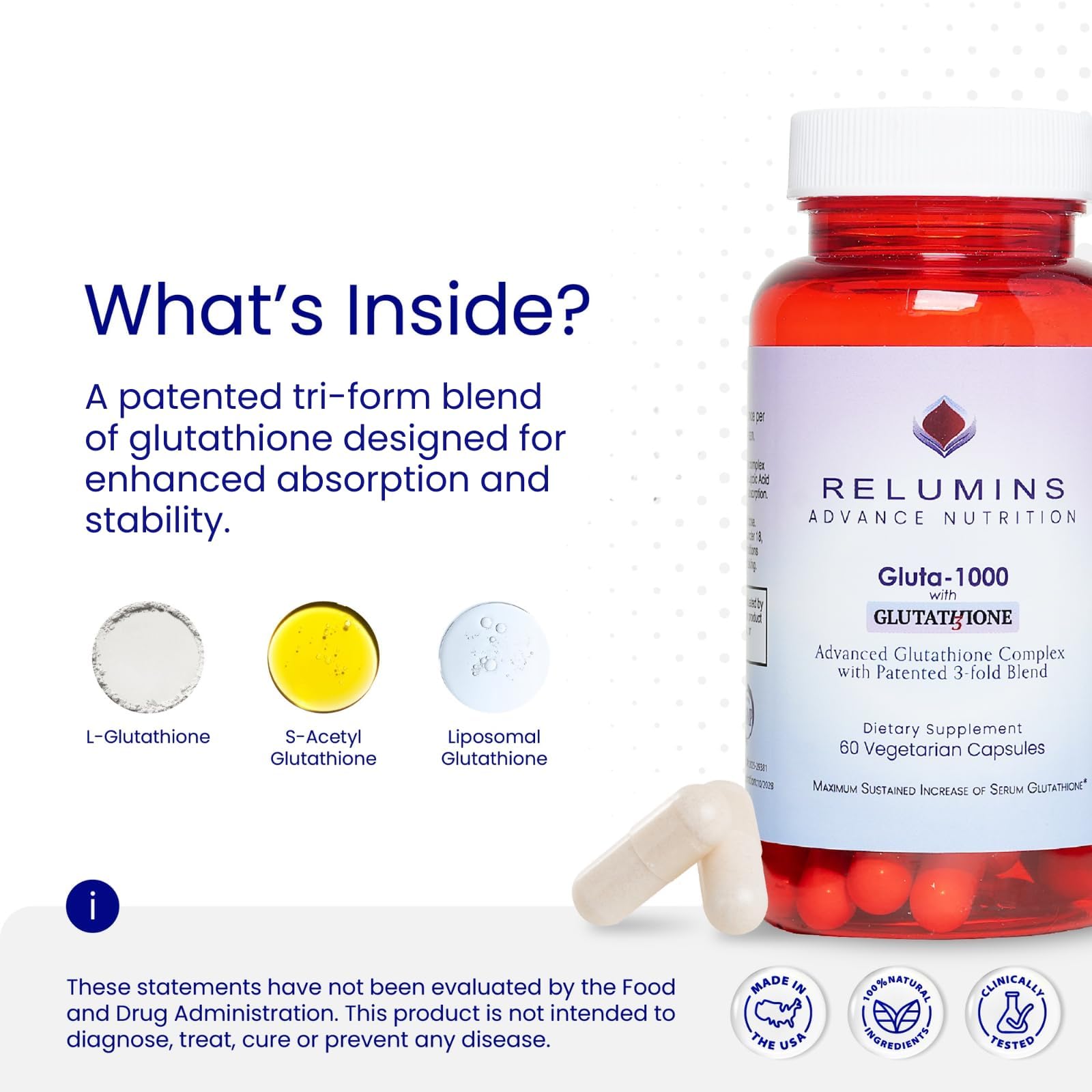 Amazon.com: Relumins Advanced Patented Tri-Form Glutathione Complex 1000 mg  - Fast-Absorb L-Glutathione, S-Acetyl & Liposomal + Alpha-Lipoic Acid &  Rose Hips - Made in USA : Health & Household