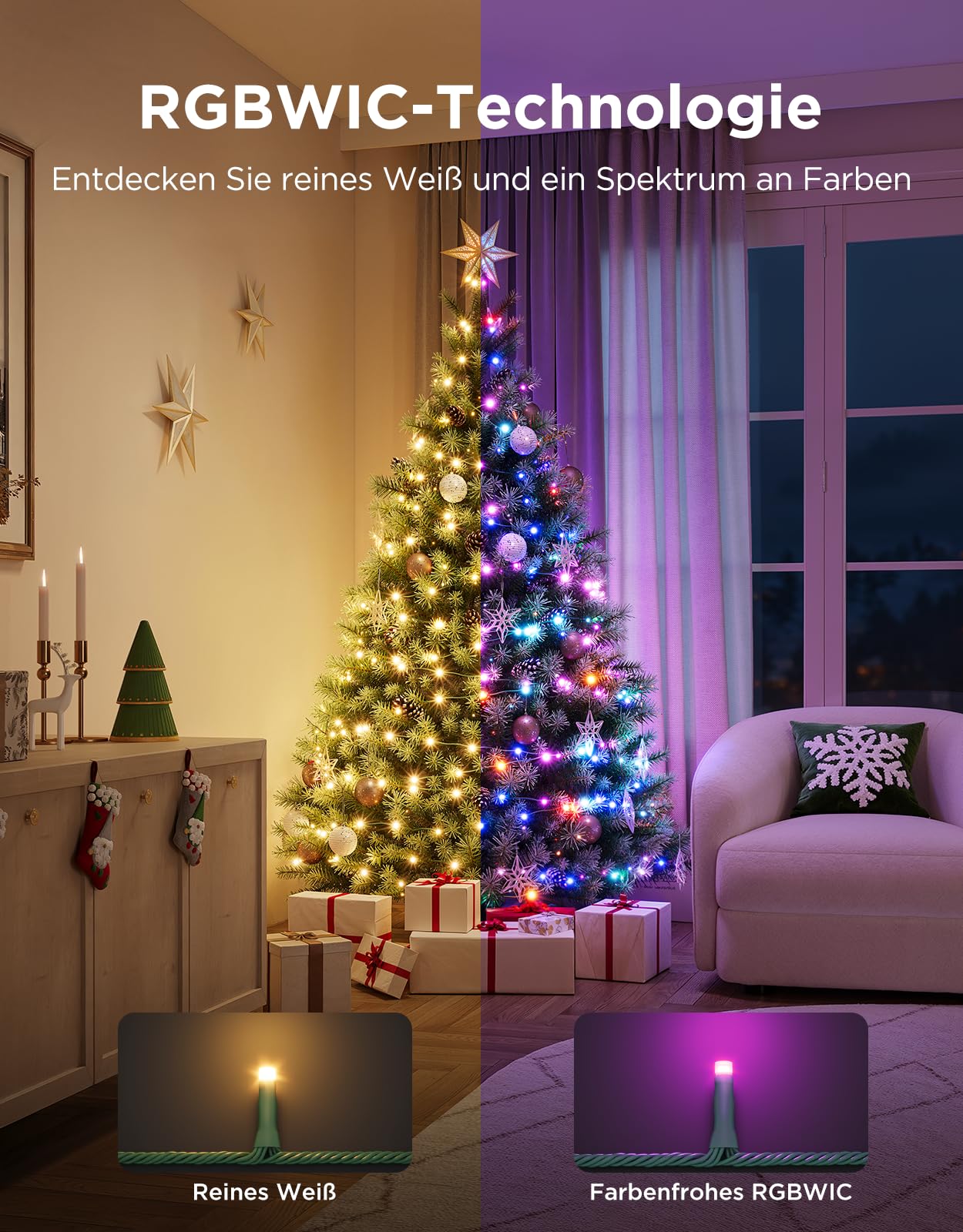 Govee Christmas Sparkle String Lights, Weihnachten Lichterkette für Innenräume, 20M RGBWIC-Leuchten mit 250 LEDs, 140+ Dynamische Szenenmodi für Weihnachtsdekorationen, APP-Steuerung mit Alexa