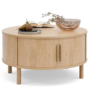 Coffee Table for Living Room Modern Round Coffee Table with Cabinets Sliding Doors Home Small Space 29 9