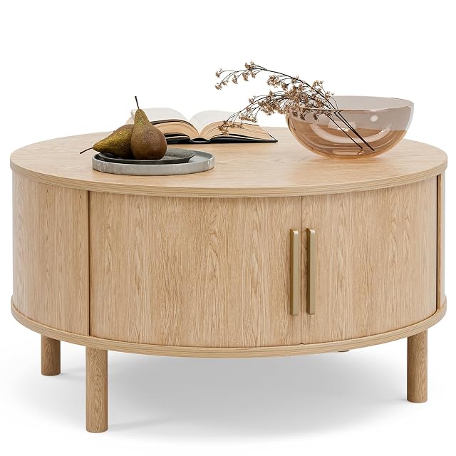 Coffee Table for Living Room Modern Round Coffee Table with Cabinets Sliding Doors Home Small Space 29 9