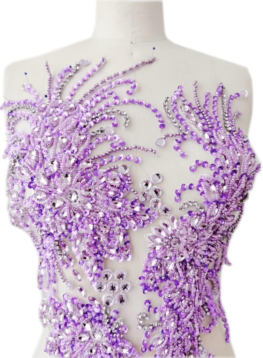 Handmade Rhinestones lace Applique handsewing Beads Sequins Trim Patches for Dress Clothes Accessories (Light Purple)