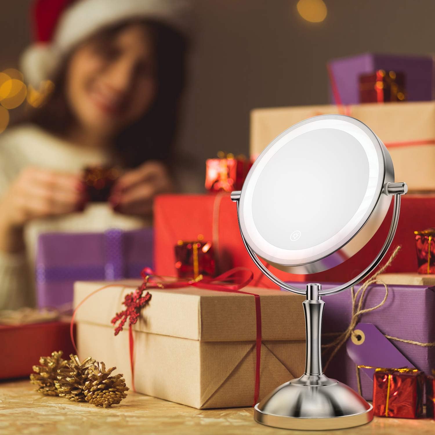 Benbilry 8" Lighted Makeup Mirror, 10X Magnifying Double-Sides Rechargeable Vanity Mirror with 54 LED Lights, 3 Color Lighting Modes, Adjustable Brightness, High Definition Cosmetic Light Up Mirror -