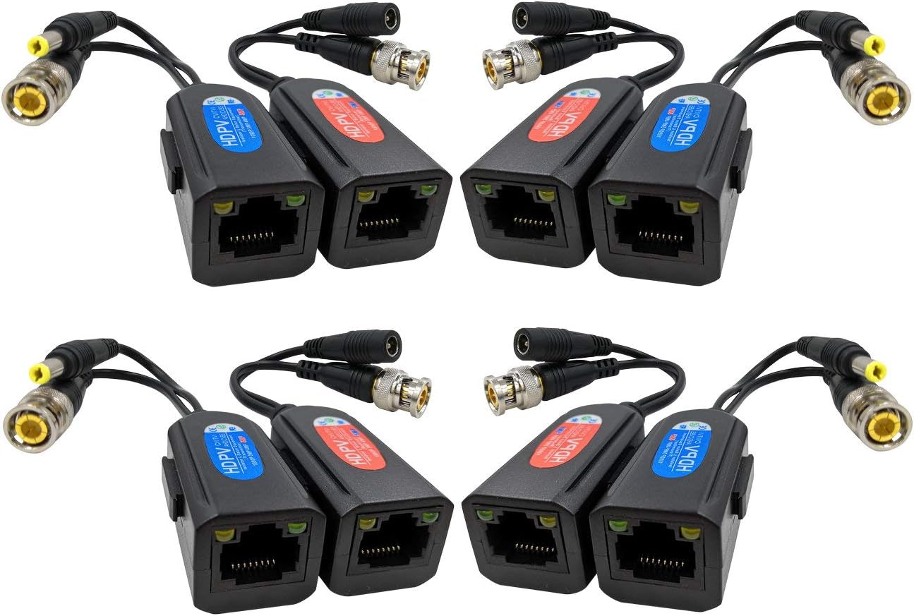 FocusHD 4 Pair Passive Video Balun 1080P-5MP BNC to RJ45 Adapter with Power, Upgraded with Ground Loop Isolated Security Camera Network Transceiver Cat5e/Cat6 Cable to BNC Connectors -8Pack