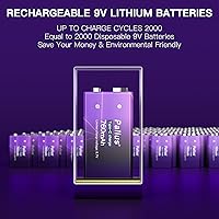 Vista 4 de Pallus Baterías recargables de 9 voltios de iones de litio de 9 V y 760 mAh, baterías de iones de litio de 2 unidades USB de 9 V con cable de carga