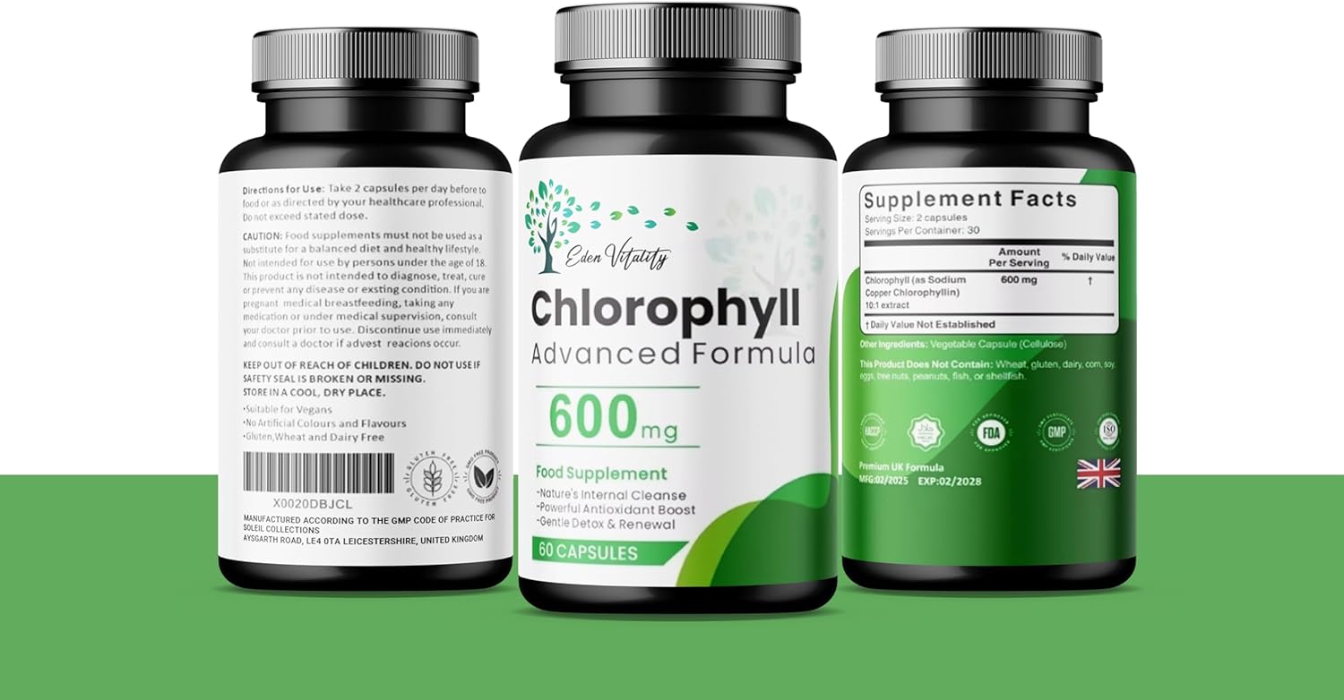 Chlorophyll Capsules, 600mg Advanced Formula, Food Supplement, 60 Count