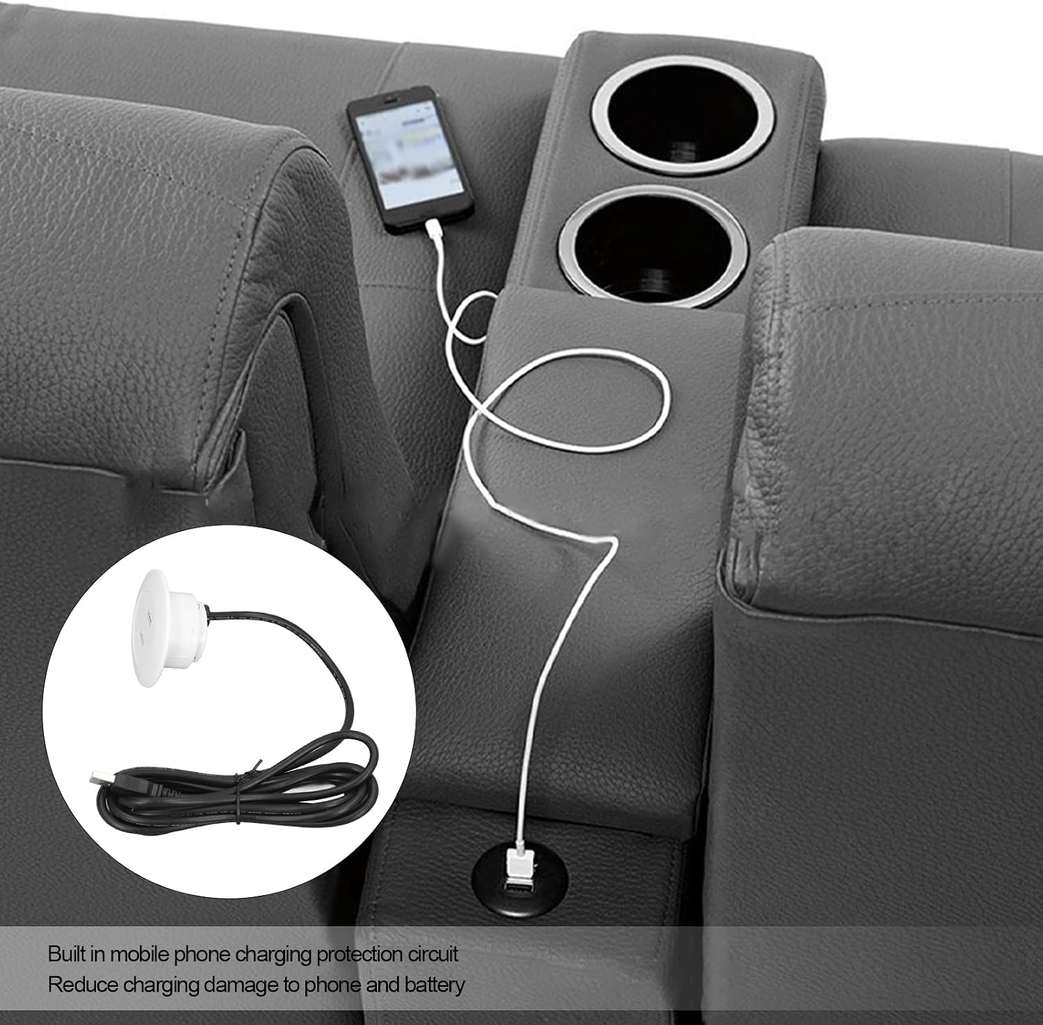 Sofa USB Charging Socket, Desk Power Grommet Outlet, Flat Plug Recessed Outlet for Sofa, Couch, Table, Bedside, Office, Home(White)
