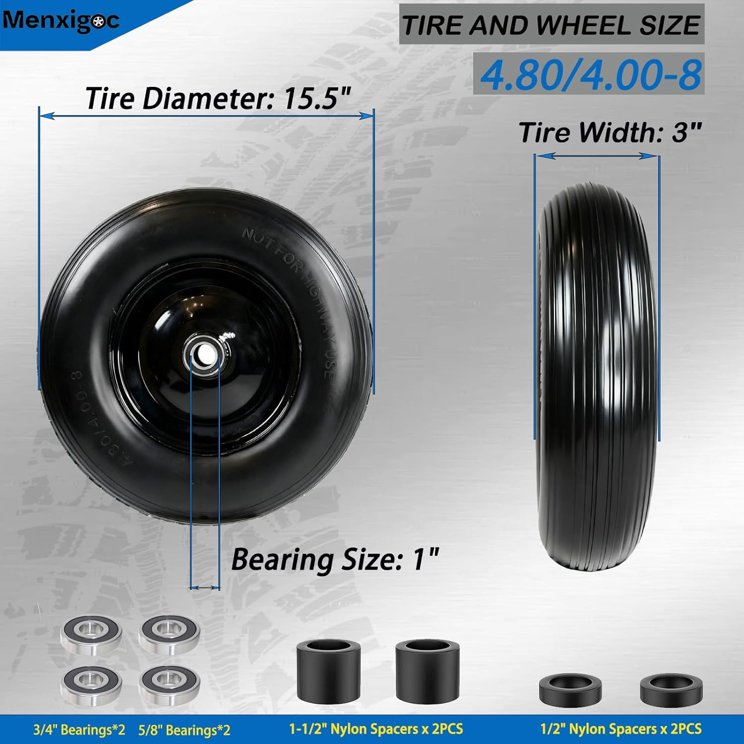 4.80/4.00-8 Solid Wheel with 1" Bore, 4.80-8 Tire with 3" Centered Hub - Complete Kit Includes Bearings & Spacers - for Wheelbarrow Log Splitter Wheel Barrel Yard Cart Garden Wagons - 1Pack