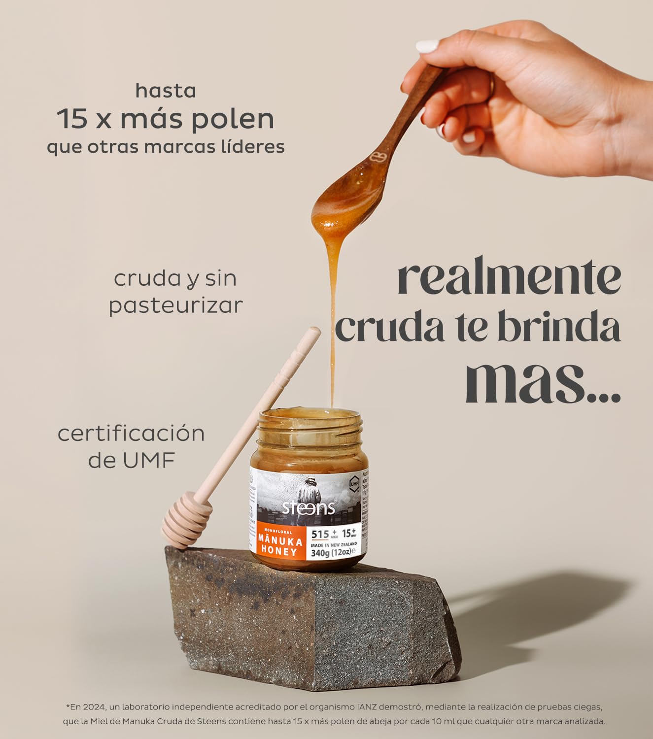 Miel de Manuka Steens MGO 515+ - 340 g de miel de Manuka 100% pura y cruda, certificada UMF 15+ - envasada y sellada en Nueva Zelanda