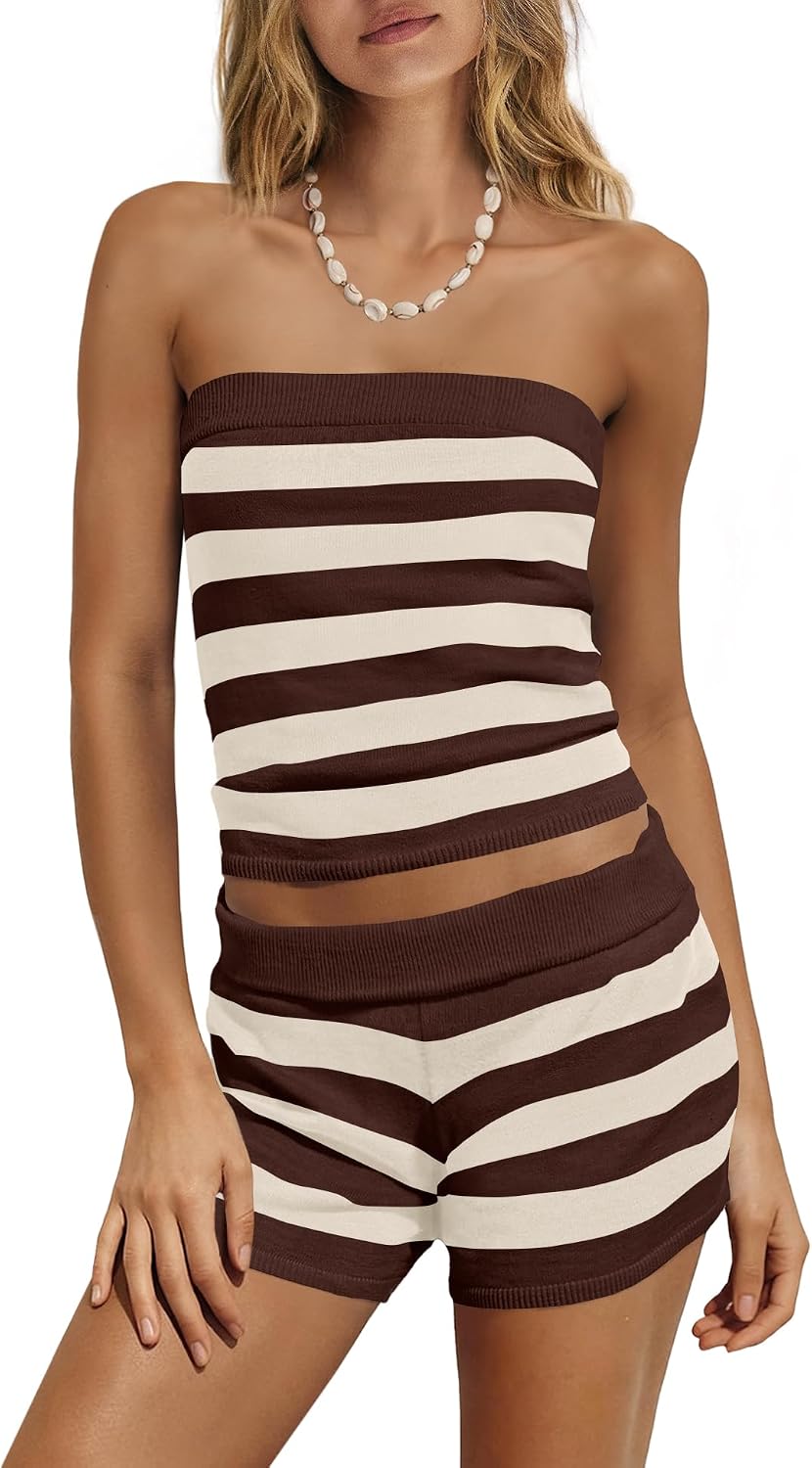 Nirovien Womens Striped Lounge Sets Strapless Vacation Sets 2 Piece Travel Outfits Cropped Tube Tops and Shorts