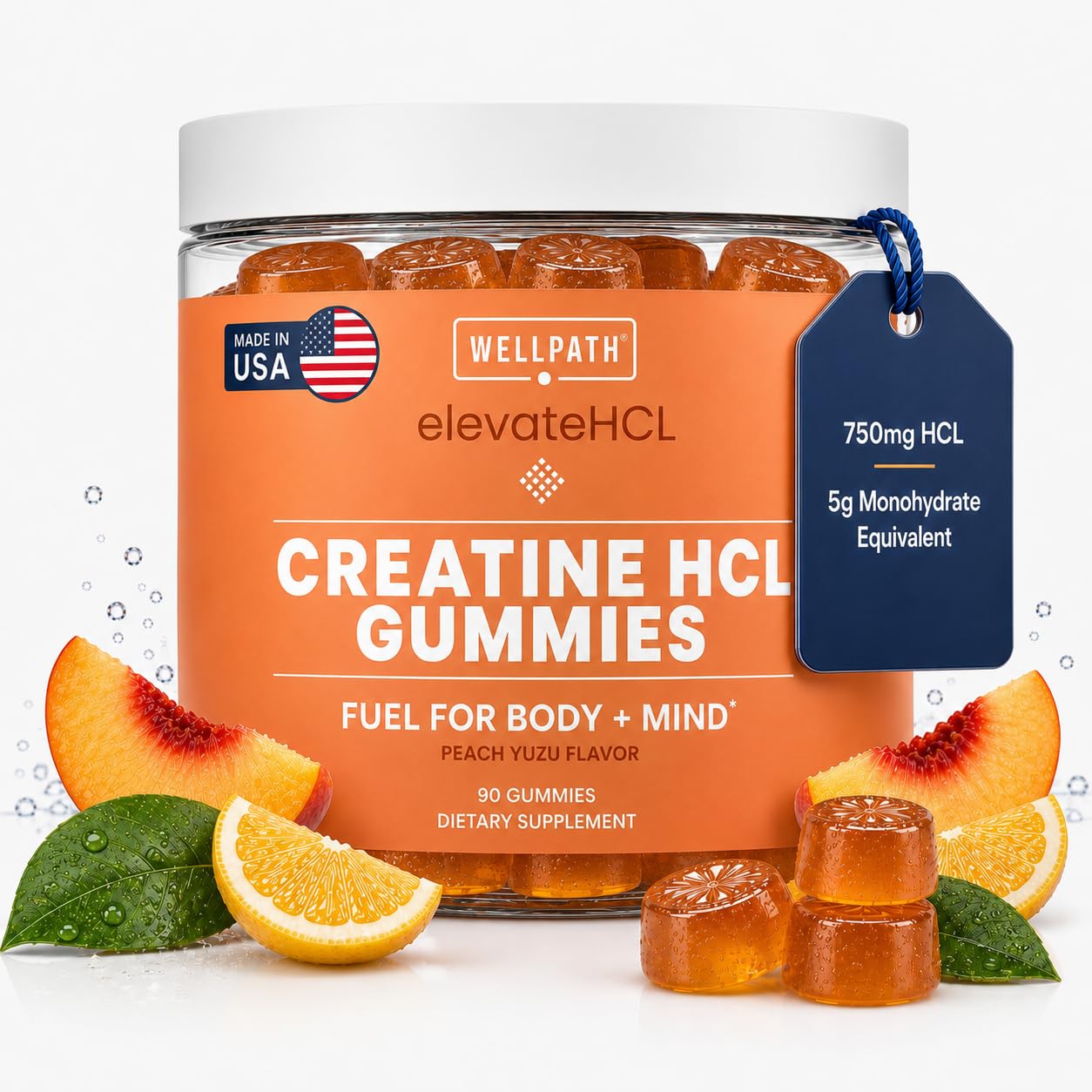 Creatine HCl Gummies 750 Mg for Cognitive Performance, Peach Yuzu, 90 Ct 90 Count (Pack of 1)