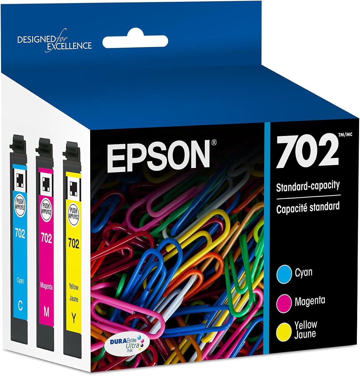 Paquete combinado de 3 colores de capacidad estándar de tinta genuina 702 T702520 | Capacidad estándar cian magenta amarillo para impresoras WorkForce Pro WF-3720 WF-3730 WF-3733
