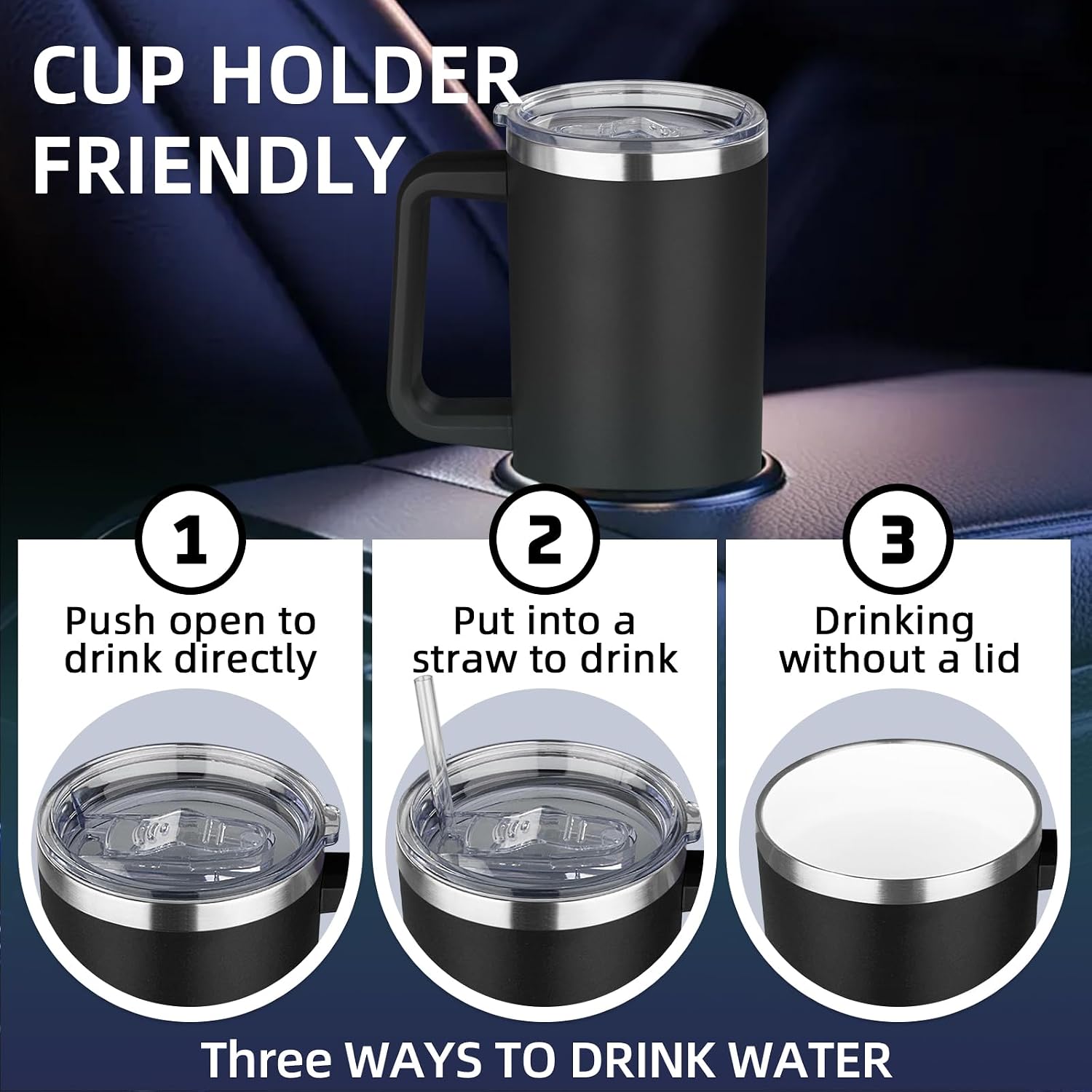 40 oz Insulated Coffee Mug with Ceramic Coating, Stainless Steel Travel Coffee Tumbler with Handle Lid and Straw, Double Wall Leak-Proof Coffee Travel Mug Keeps Drink Hot and Cold (Black)