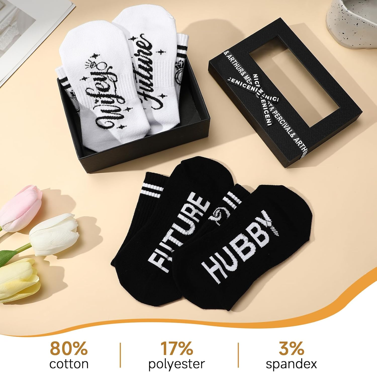 2 Pairs Engagement Gifts Wedding Gifts for Couples Bride and Groom Crew Socks with Gift Box Black and White - Image 2