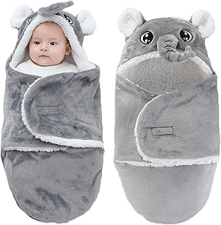 Winmany Baby Hooded Fleece Swaddle Blanket Newborn Fannel Cartoon Receiving Blanket Soft Plush Sleeping Bag Sack Stroller Wrap for Infants Girl Boy 0-6Months (Grey Elephant, 3-6Months)
