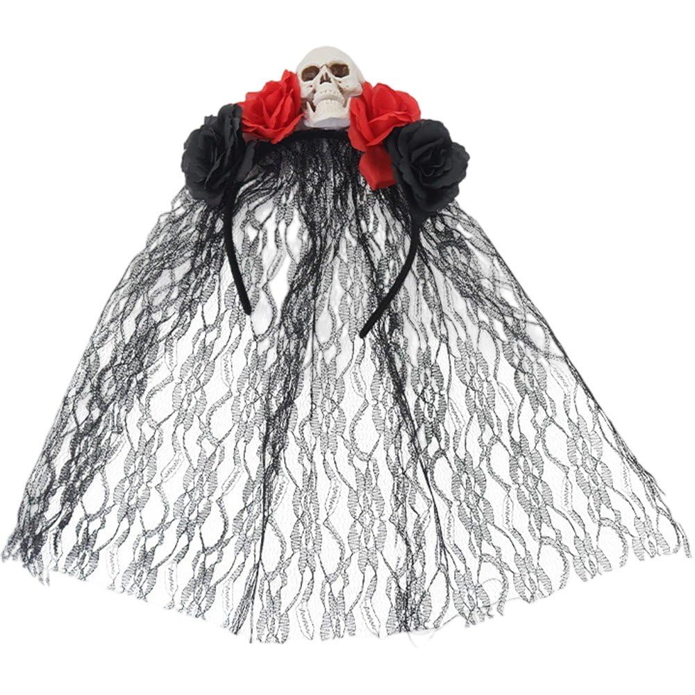 Hrippy Women's Red Gothic Skull Flower Black Lace Veil Headband For Halloween Day Of The Dead, Rose Skull Hair Veil Headpiece Headwear