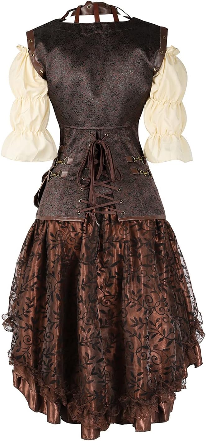 Grebrafan Steampunk Corsets Skirt Blouse Set Pirate Corset Outfits for Women