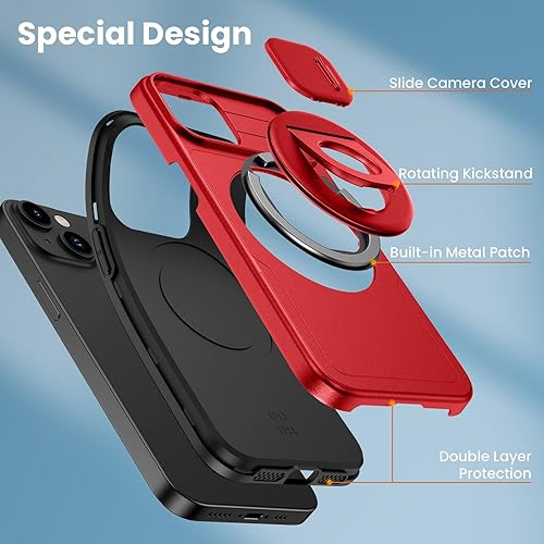 Miniatura 3 de VEGO Funda magnética para iPhone 13 y iPhone 14 compatible con MagSafe protección de doble capa a prueba de golpes con soporte y cubierta de cámara