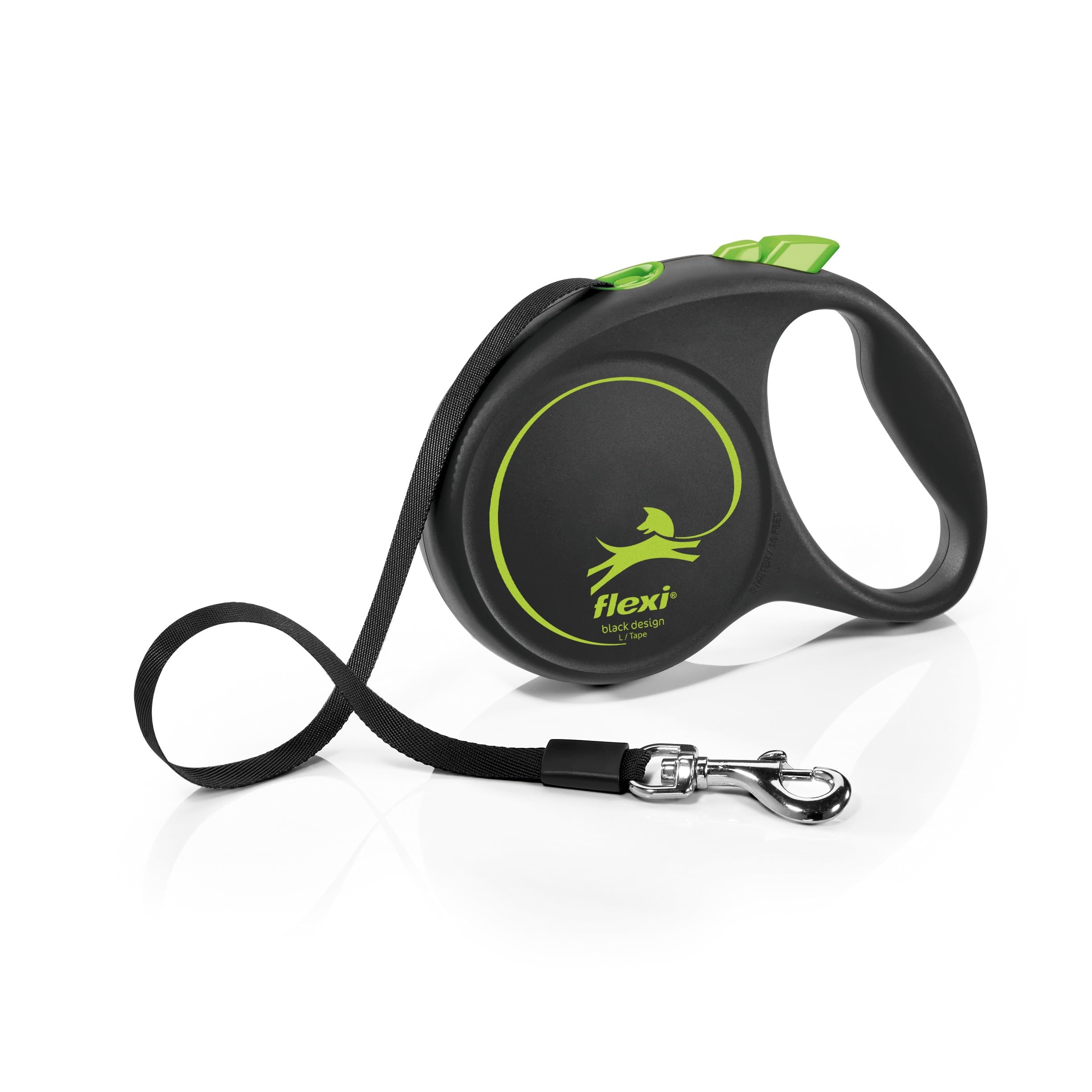 flexi Black Design L | 5 m retractable tape leash for dogs up to 50 kg | Black - green | Retractable dog lead | Weight: 330 g | Dimensions: 12.1 x 17.4 cm