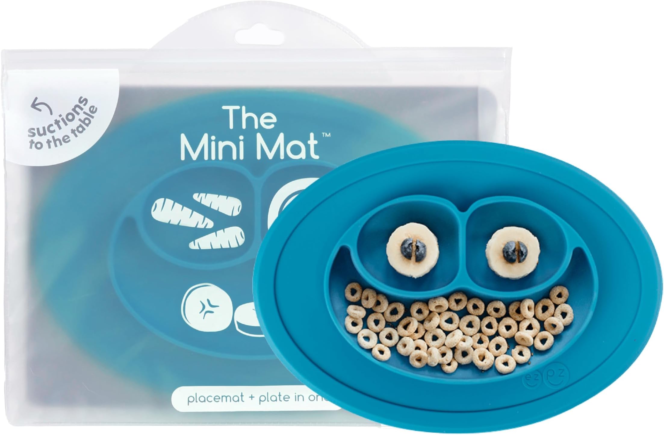 ezpz Mini Mat - 100% Food Grade Silicone Suction Divided Plate with Built-in Placemat for Infants + Toddlers Promotes Baby Self-Feeding for Highchair, Dining Table & Travel- Microwave Safe (Blue)