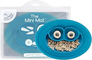 ezpz Mini Mat (Blue) - 6 -12 Months+ - 100% Silicone Suction Placemat + Divided Plate with Three Compartments - Supports Baby-Led Weaning - Designed for Highchair, Table, and Travel