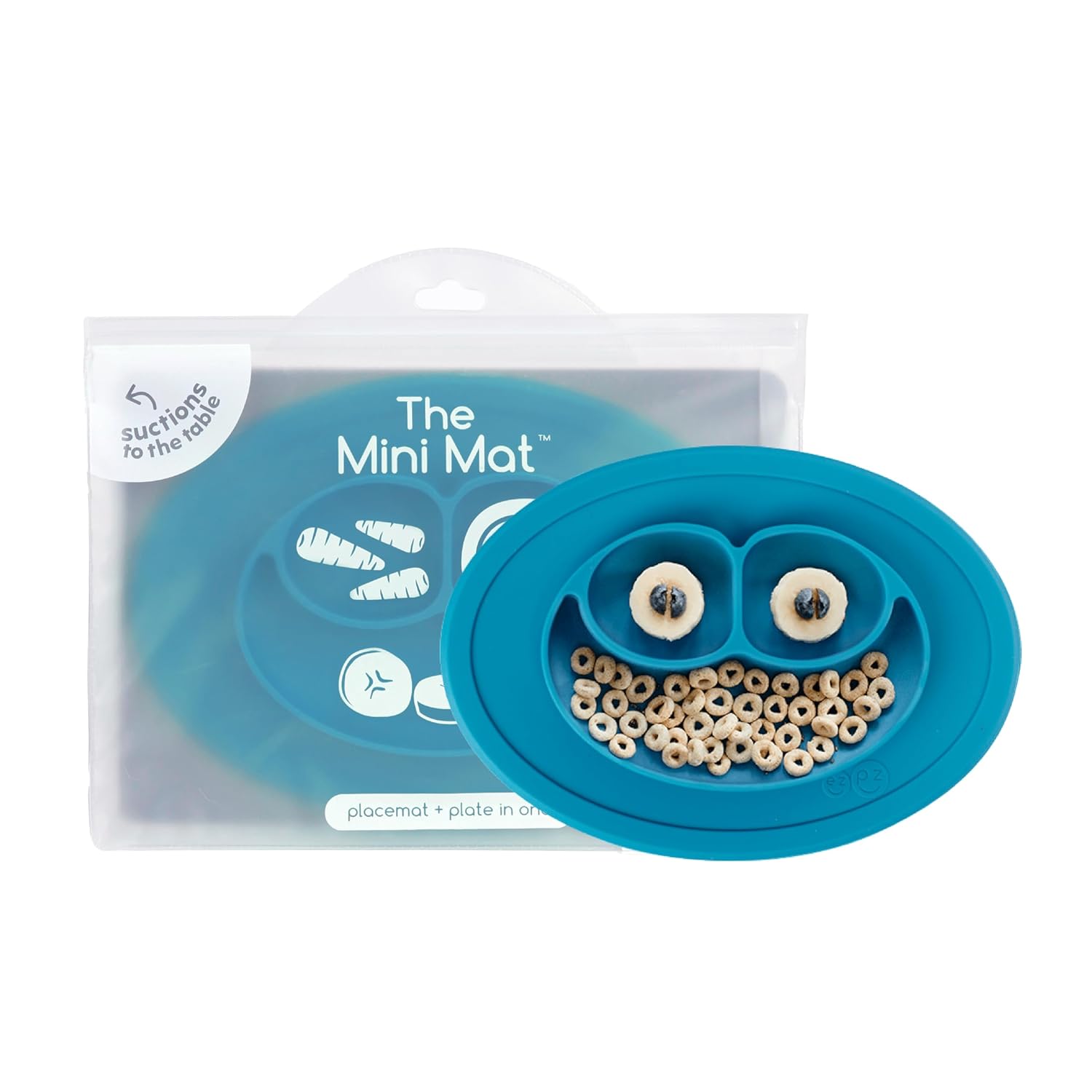 ezpz Mini Mat (Blue) - 6 -12 Months+ - 100% Silicone Suction Placemat + Divided Plate with Three Compartments - Supports Baby-Led Weaning - Designed for Highchair, Table, and Travel