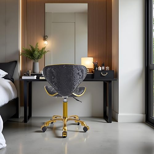 Miniatura 4 de Silla de escritorio de oficina en casa sin brazos, cómoda silla de tocador pequeña de piel sintética con respaldo y ruedas, taburete giratorio de