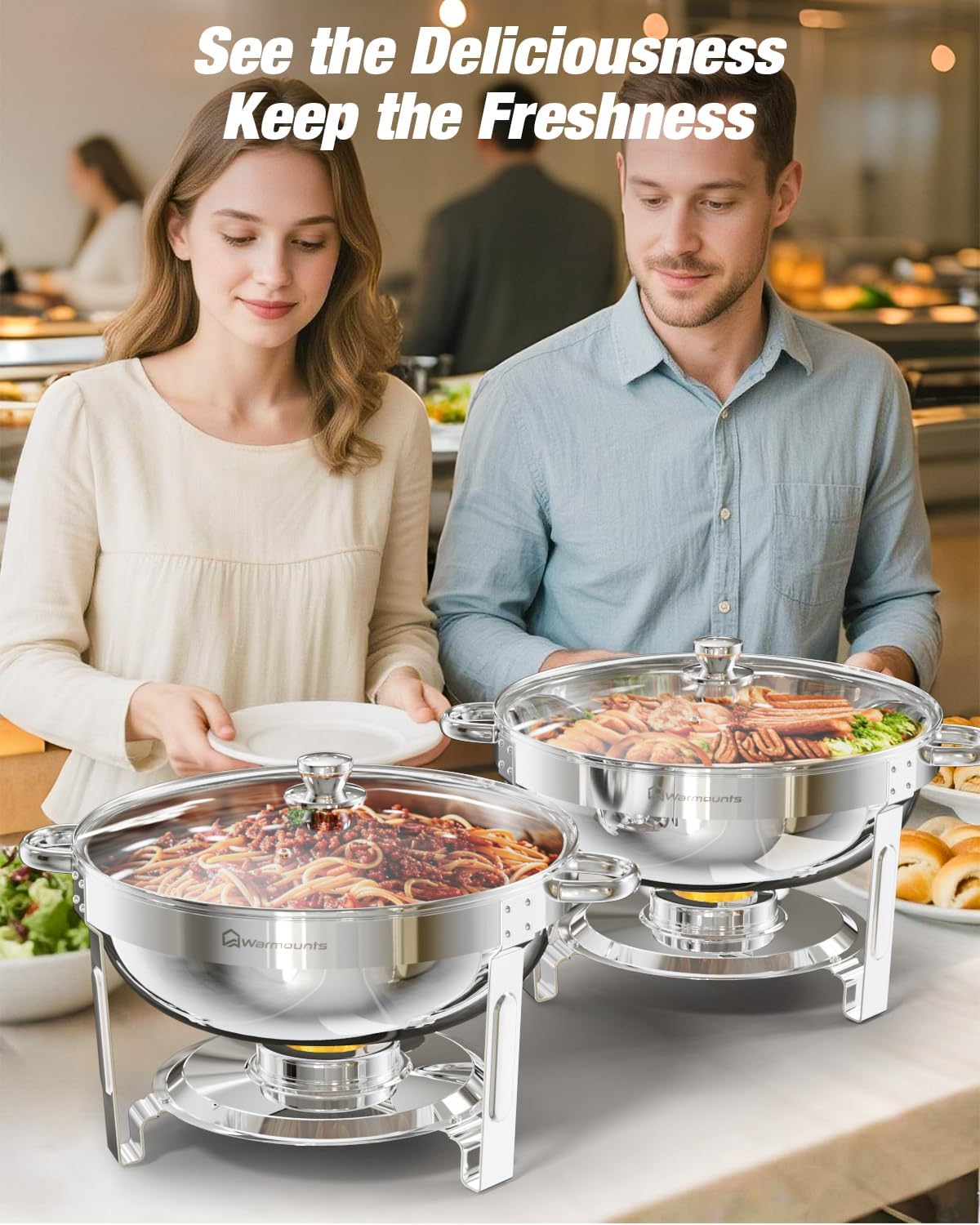 WARMOUNTS 5QT Round Chafing Dishes for Buffet with Glass Lid 4 Pack, Chafers and Buffet Warmers Set with Mirror-Polished Stainless Steel, Rolled Rim, Stackable, Lid Holder for Parties, Catering