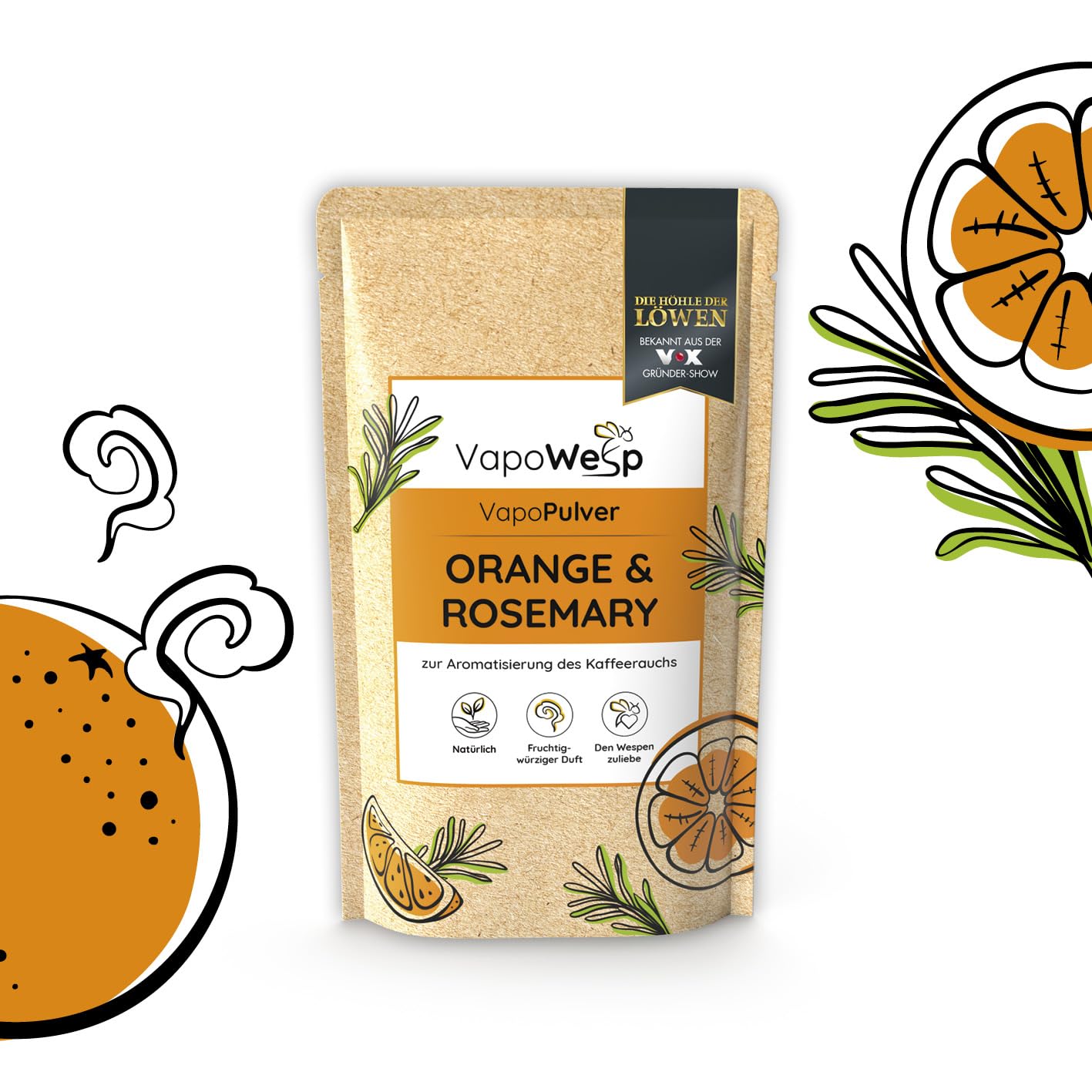 VapoWesp caja de humo contra avispas y mosquitos | Set de inicio incl. 50g de polvo de naranja y romero | Aromatiza el humo de tu café con el VapoPowder