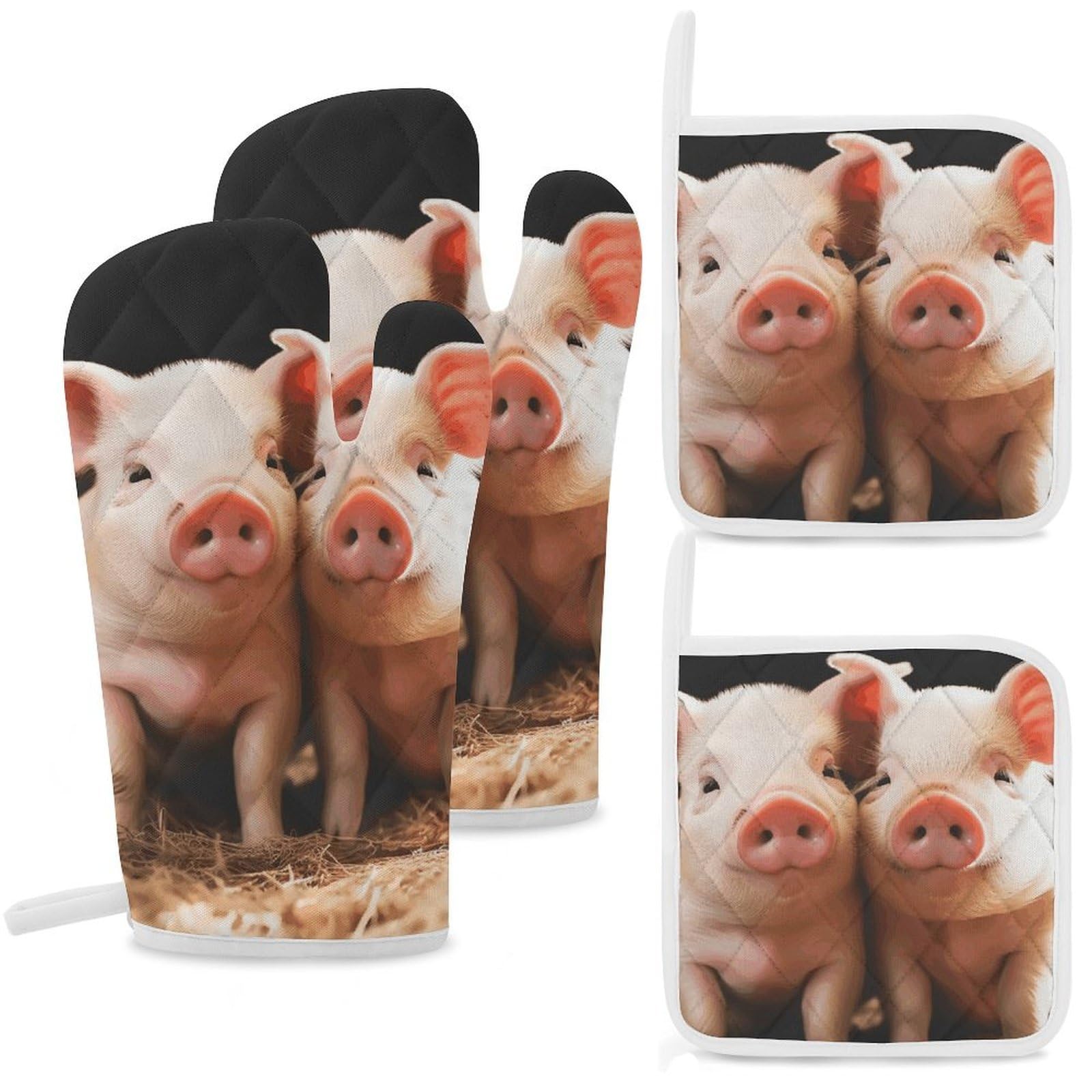 Cute Pigs Oven Mitts and Pot Holders Sets Heat Resistant Oven Glove with Hanging Loop for Baking Cooking BBQ Thicken Potholders for Kitchen