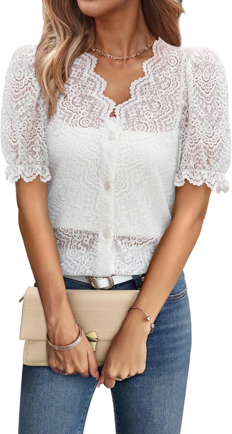 Women Lace Tops Summer V Neck Dressy Casual Button Down Blouses Ruffle Short Sleeve Business Work Shirts