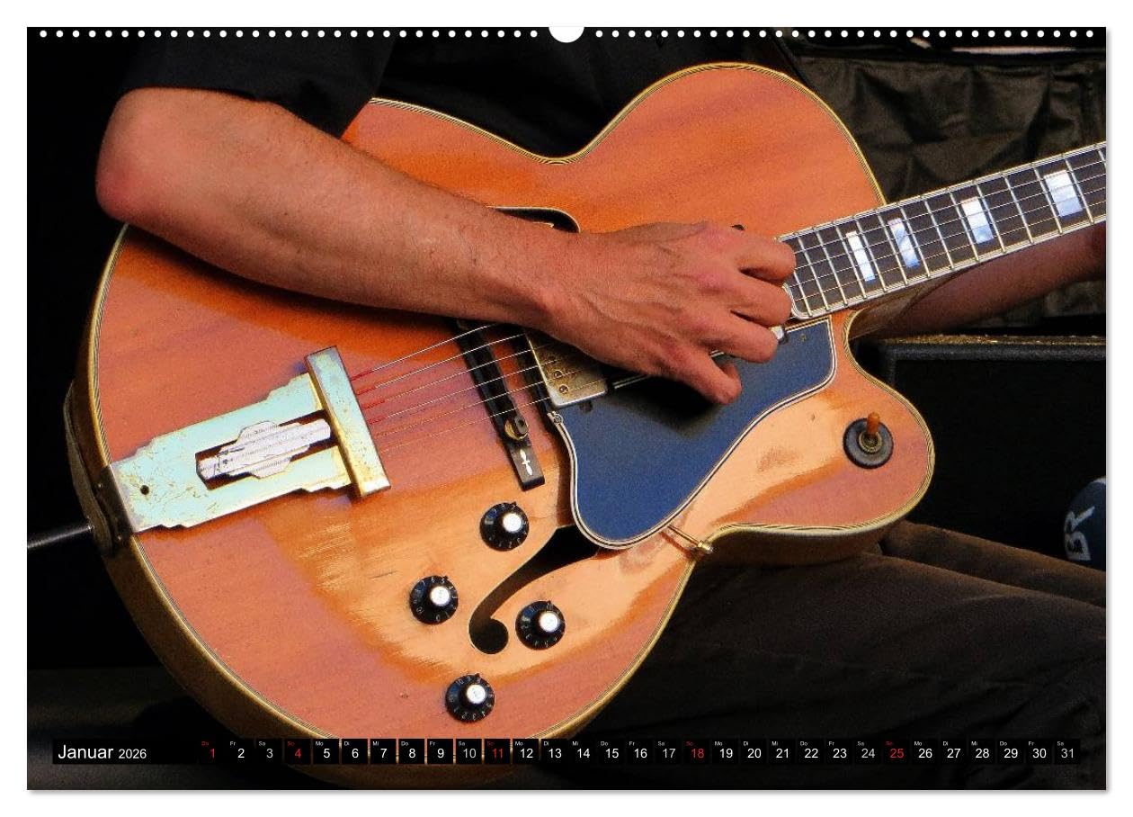 JAZZGITARREN in Szene gesetzt (hochwertiger Premium Wandkalender 2026 DIN A2 quer), Kunstdruck in Hochglanz: Auf jedem Kalenderblatt präsentiert sich ... beliebte Gitarrenschönheit (CALVENDO Kunst)