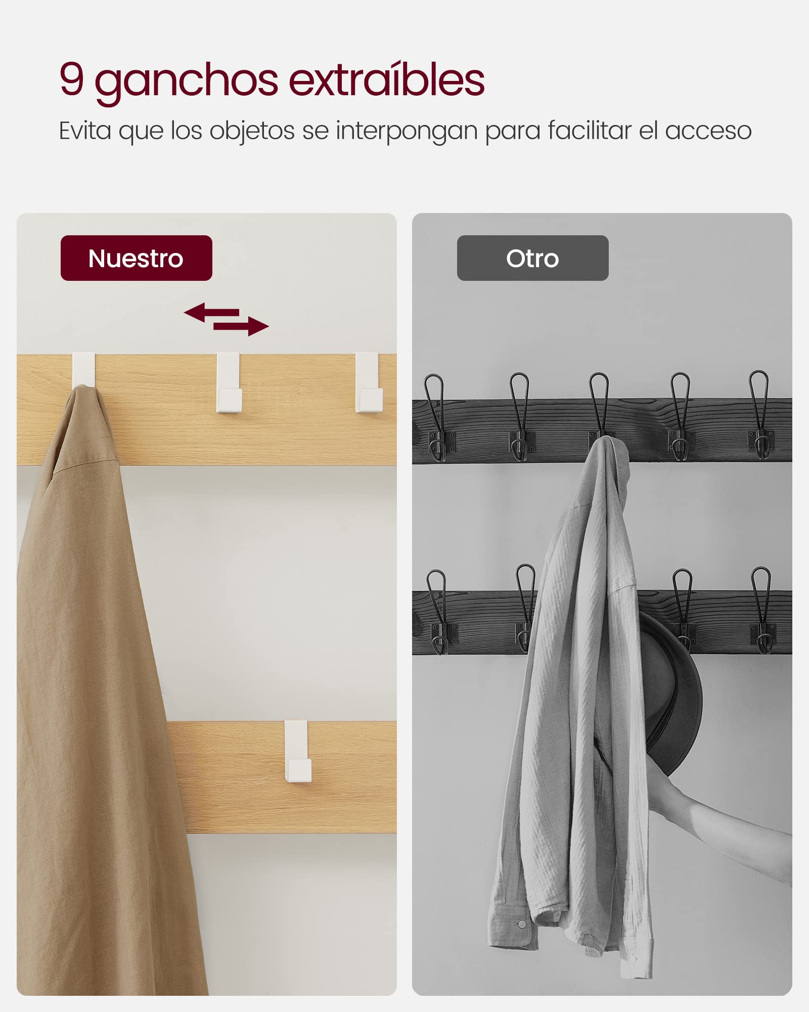 VASAGLE Perchero, Mueble Recibidor con Ganchos, Espejo, Banco Zapatero y Estantes, 36 x 98 x 185 cm, para Pasillo Dormitorio Salón, Roble y Blanco HSR050W09
