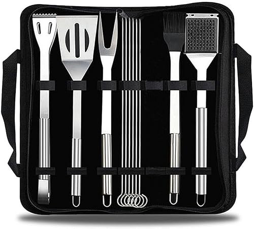 Juego de 11 herramientas para parrilla de barbacoa, de acero inoxidable, con bolsa de transporte, espátula, pinzas y tenedores, accesorios para
