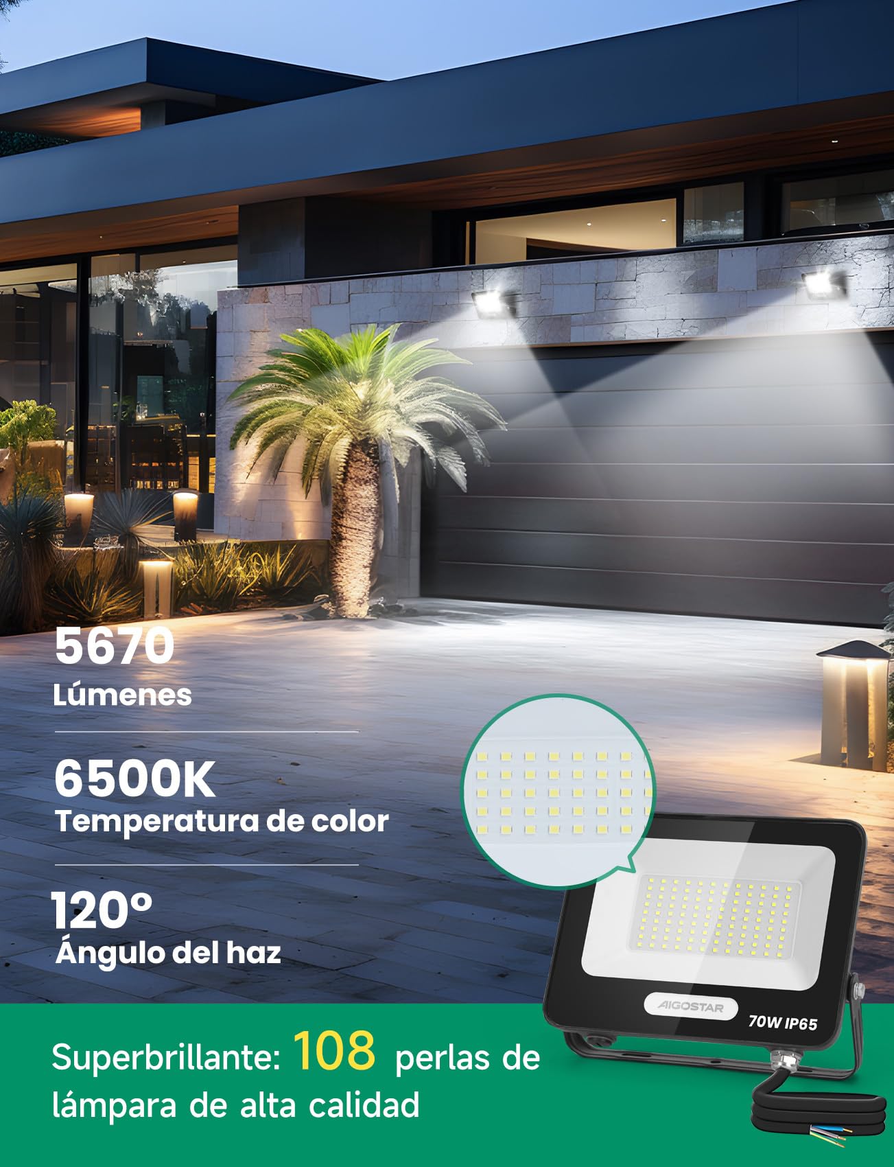 Aigostar Faretto LED da Esterno 70W 5670LM, Faretti LED Esterno Impermeabile IP65, 108 LEDS 6500K Bianca Fredda, per Giardino, Cortile, Garage, Pareti. 6 pezzi