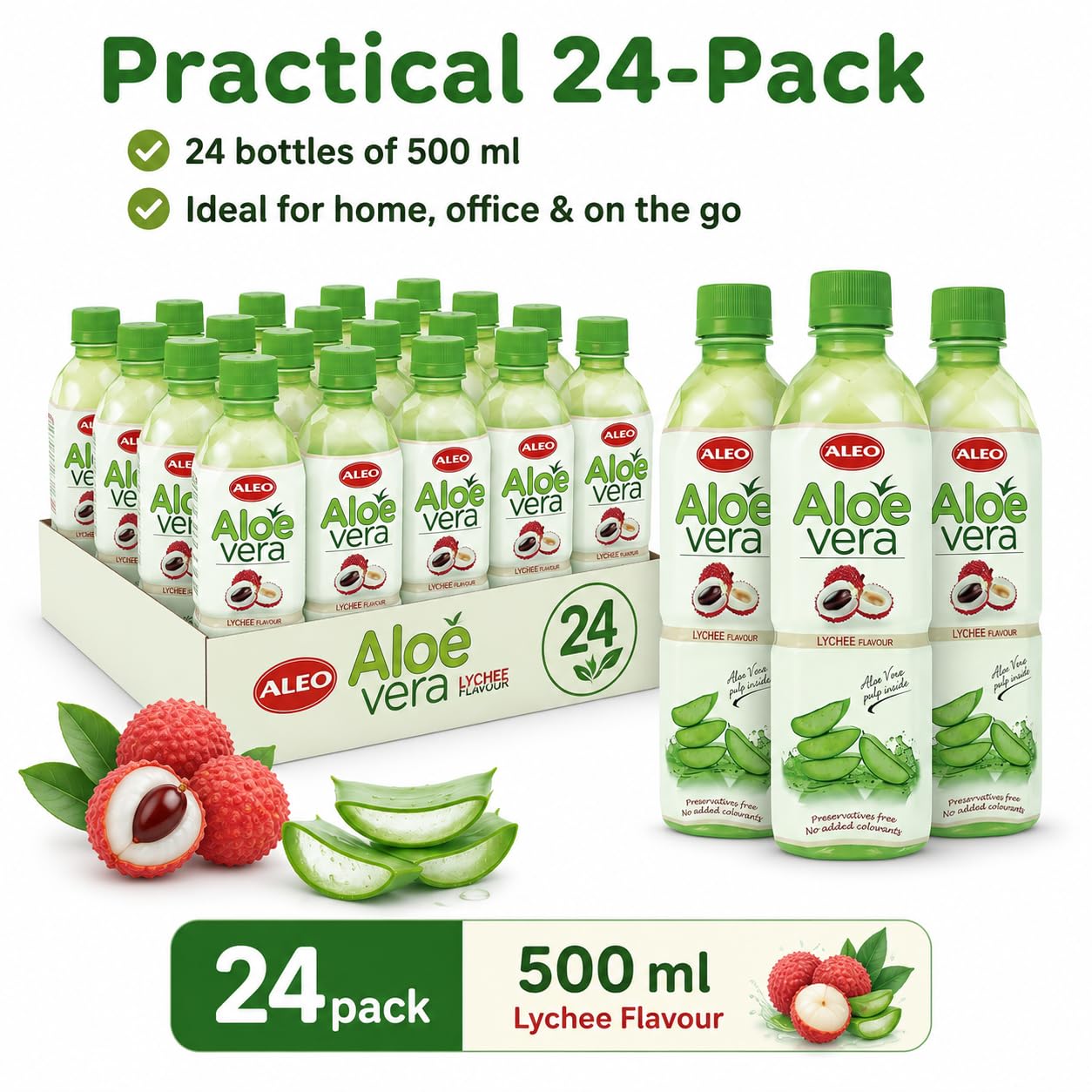 ALEO 0.5L Premium Lychee Aloe Vera Drink - Natural, No Preservatives, No Artificial Colors Superior Taste Award 2025