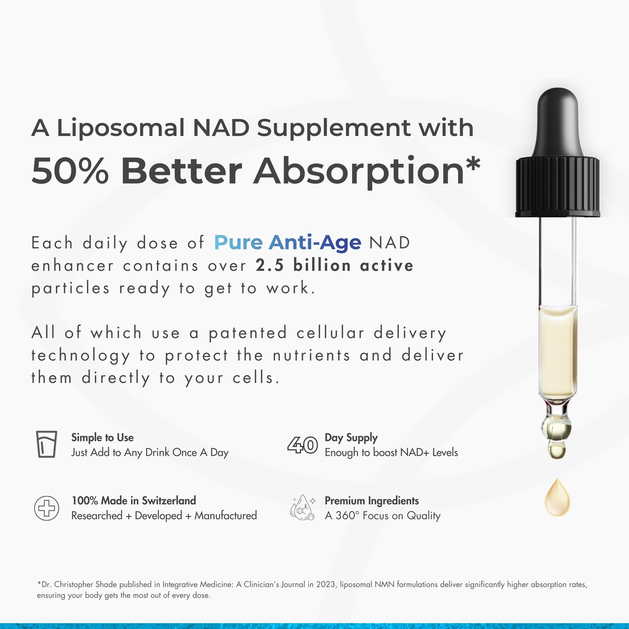 Complément NAD+ liposomal - Absorption améliorée de 50% prouvée - Système de diffusion cellulaire breveté - Approvisionnement pour 40 jours - Stimulateur NAD+ Gouttes liquides - Fabriqué en Suisse
