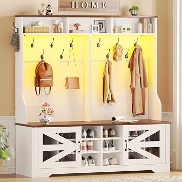 Itaar Hall Tree with Bench and Shoe Storage, 5-in-1 Entryway Bench with Coat Rack, 16 Shoe Cubbies & 12 Coat Hooks, Barn Door & Adjustable Shelf White