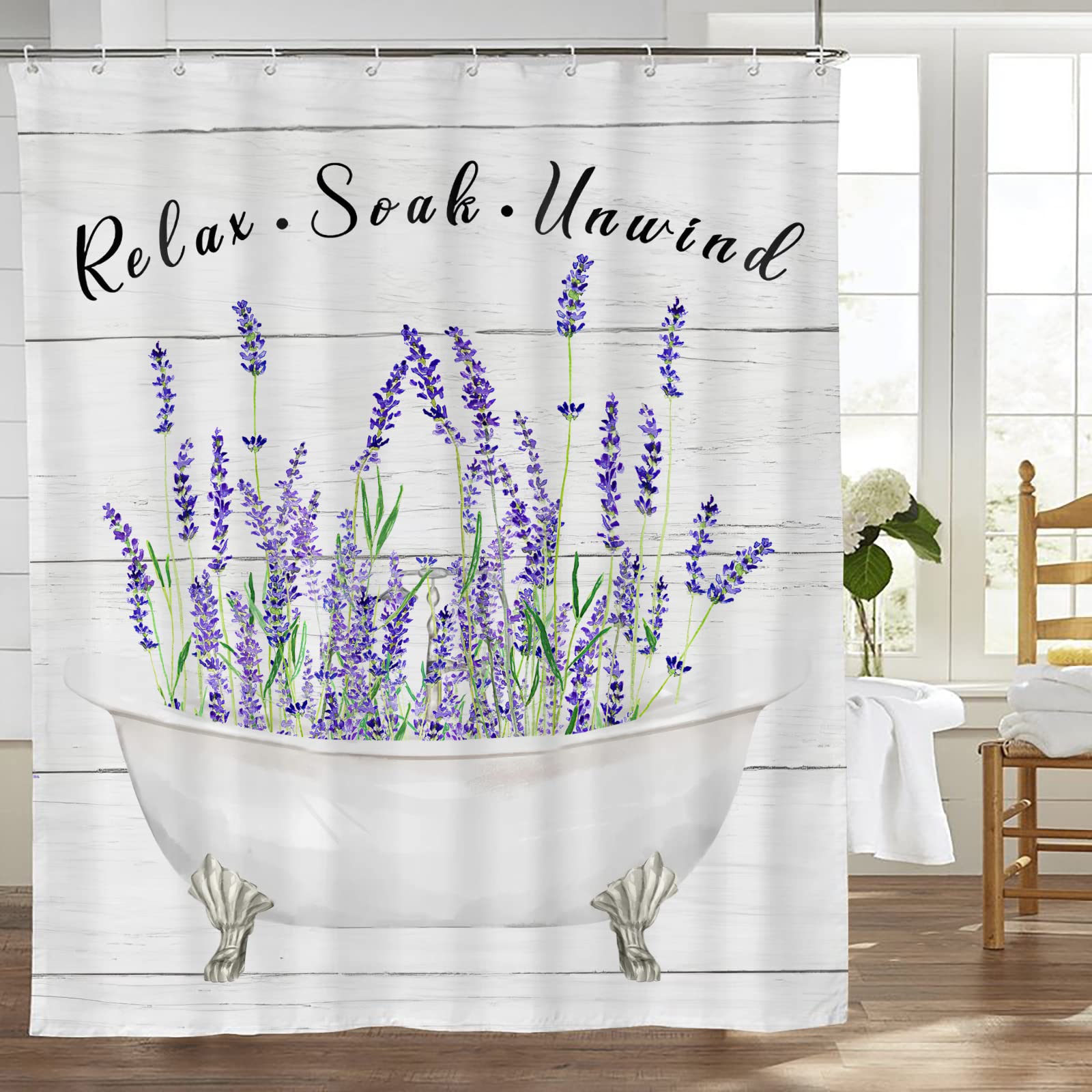 Jinflower Rustic Lavender In The Bathtub Lavender Shower Curtain Farmhouse Floral Lavender Shower Curtain With 12 Hooks Fabric Waterproof Country Relax Soak Unwind Sign Curtains Rustic Flowers In Bathtub Bathroom Curtain Decor 60''X72''