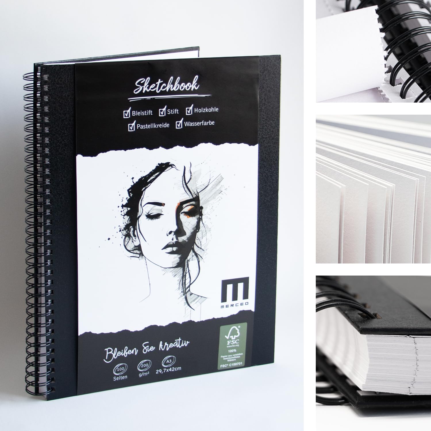 M Merceo Black A3 200Gsm Thick Paper Spiral Bound Sketchbook - Perfect For Artists & Designers - Ideal For Sketches, Drawings & Notes (50 Sheets / 100 Pages)