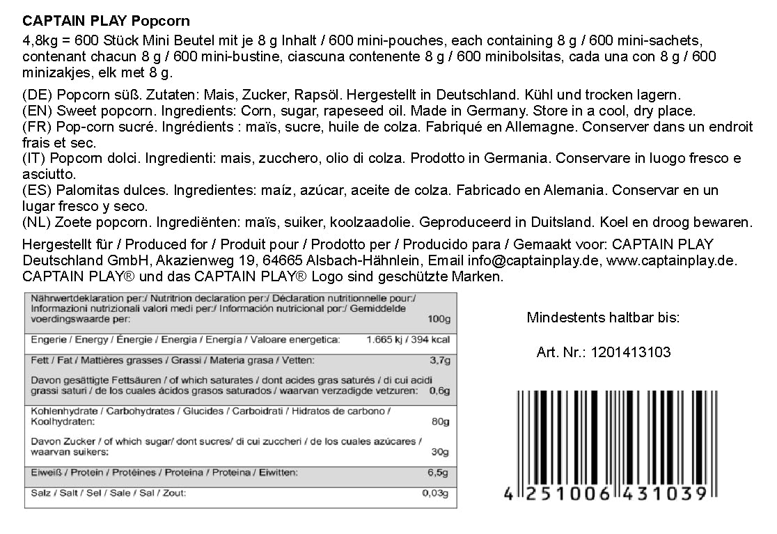 CAPTAIN PLAY Palomitas Dulces a Granel – 600 Mini Bolsas individualmente envueltas – Party Bag Fillers Cumpleaños, Halloween & Grandes Cantidades